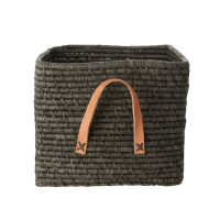 Dark Grey Square Raffia Basket Tan Leather Handles Rice